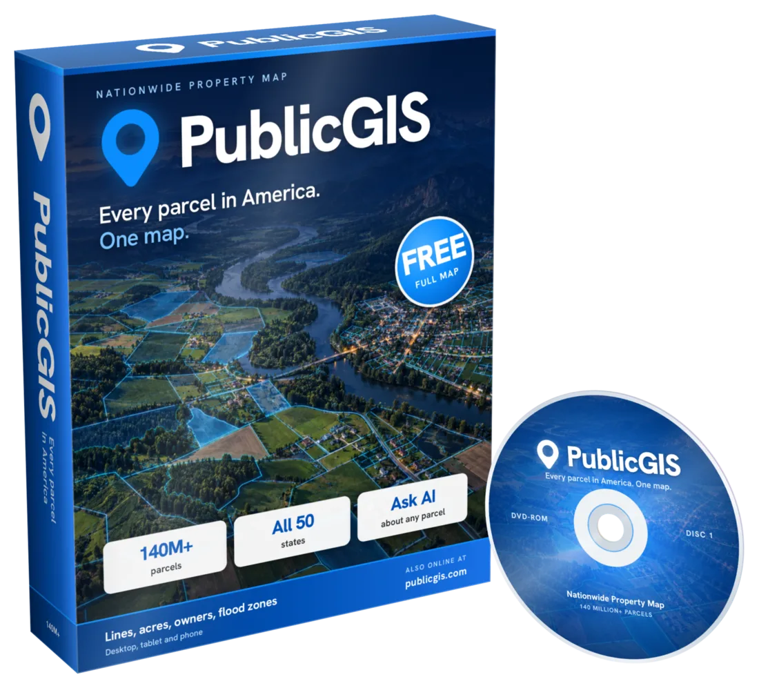 PublicGIS drawn as a boxed software package with a disc, reading Every parcel in America. One map.