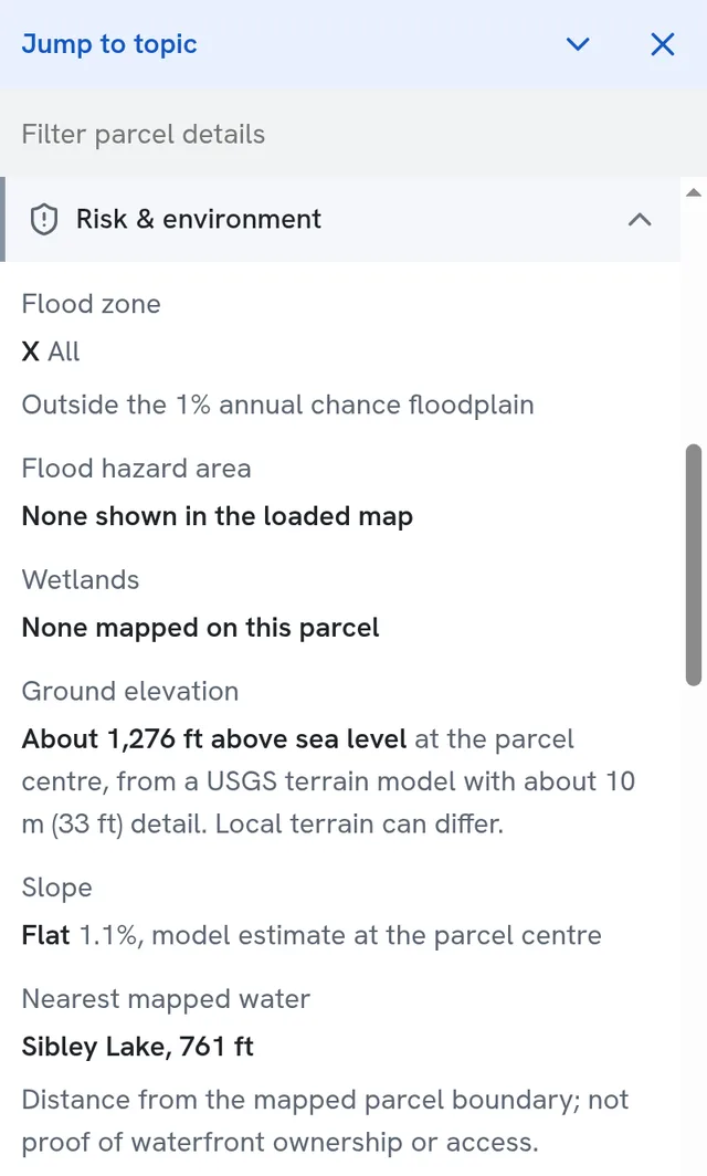 The Risk and environment section of a parcel: flood zone X, no wetlands, about 1,276 ft elevation, flat slope, Sibley Lake 761 ft away and a low wildfire rating