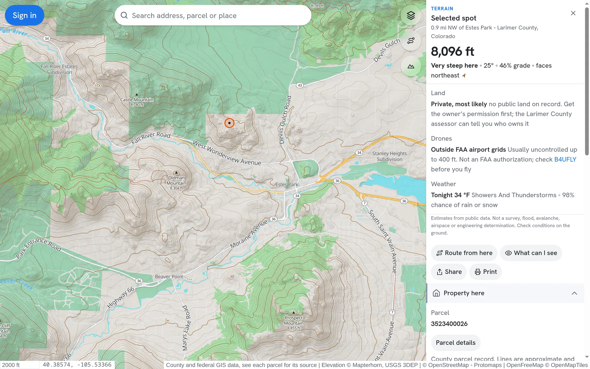 Topo mode near Estes Park, Colorado, showing a spot at 8,096 ft, very steep, with land, drone and weather notes